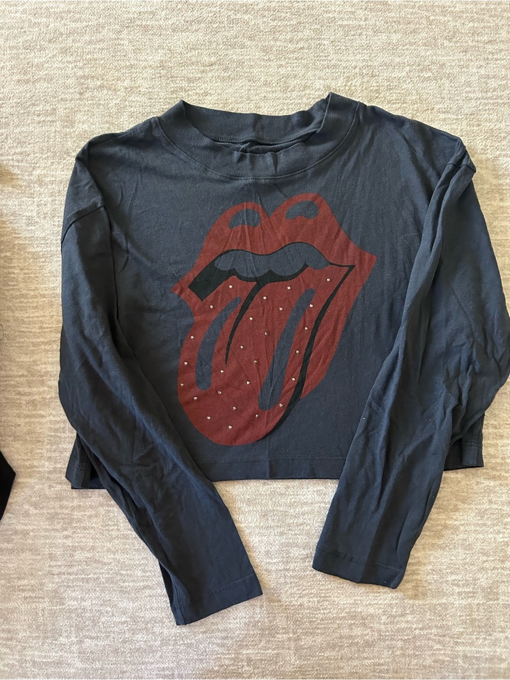 the Rolling Stones Black Long-Sleeve Tee with Red Tongue Graphic